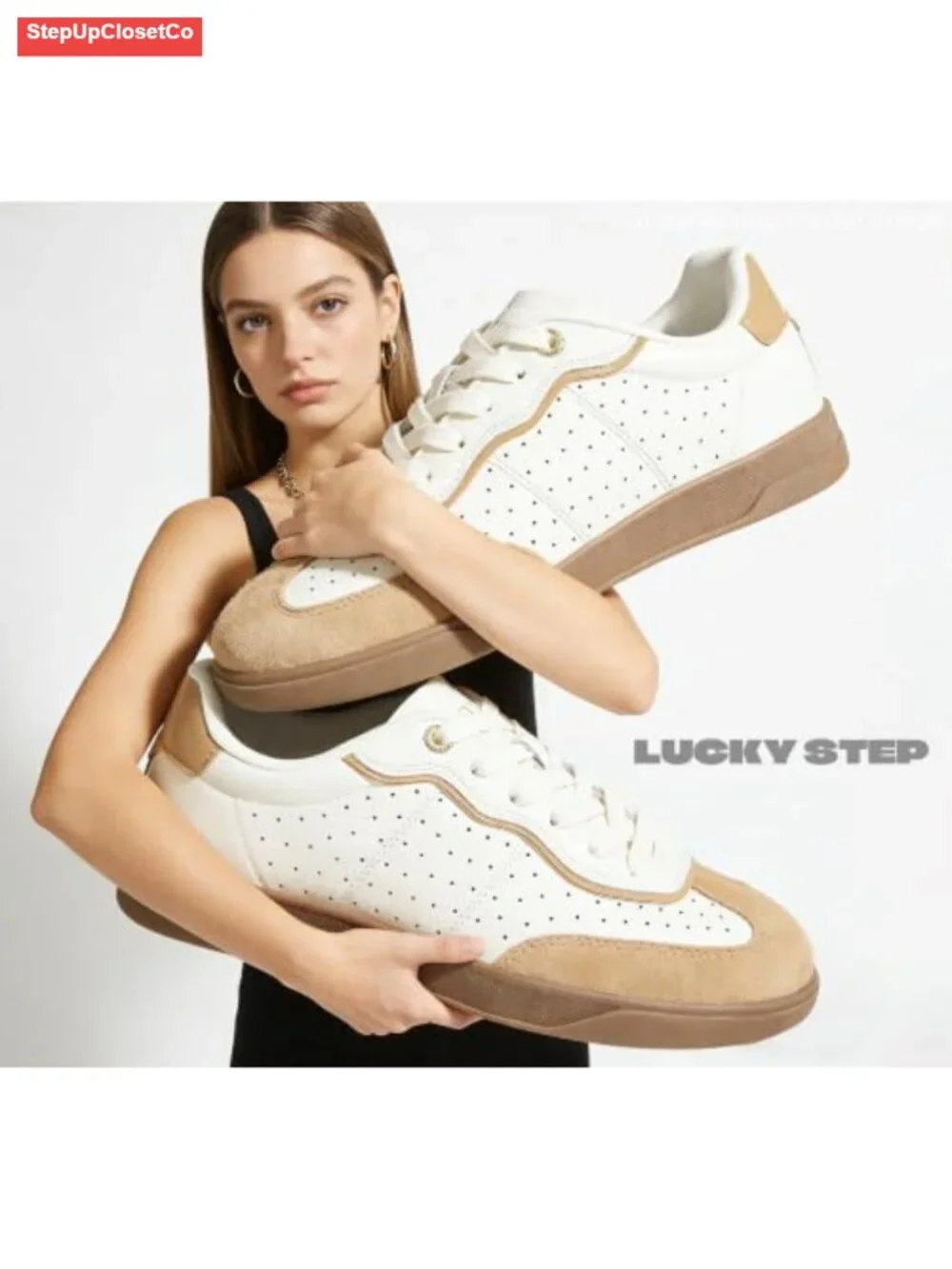 Lucky Step Women's Retro Court Sneakers Low Top Lace-Up Suede Toe Cap Casual